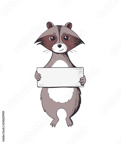 Raccoon holding a sign. Wildlife animal. Illustration with place for text