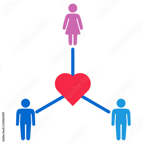 Schematic representation of polyamoric relations between three people. Polyamory conceptual illustration.