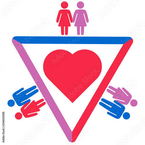 Schematic representation of polyamoric relations between three people. Polyamory conceptual illustration.
