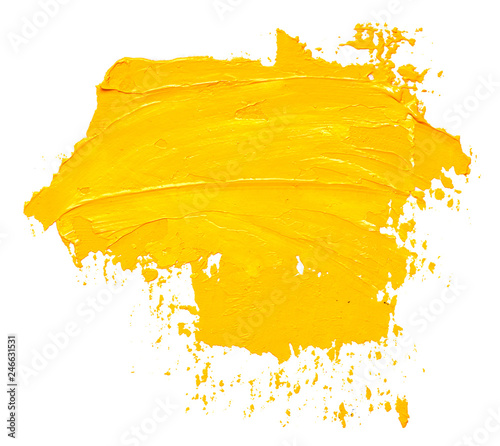 Fototapeta Naklejka Na Ścianę i Meble -  Textured yellow oil paint brush stroke, isolated on white background