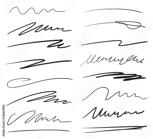 Infographic elements isolated on white. Set of different sketchy shapes and underlines elements. Array of lines. Stroke chaotic backdrops. Hand drawn patterns. Black and white illustration