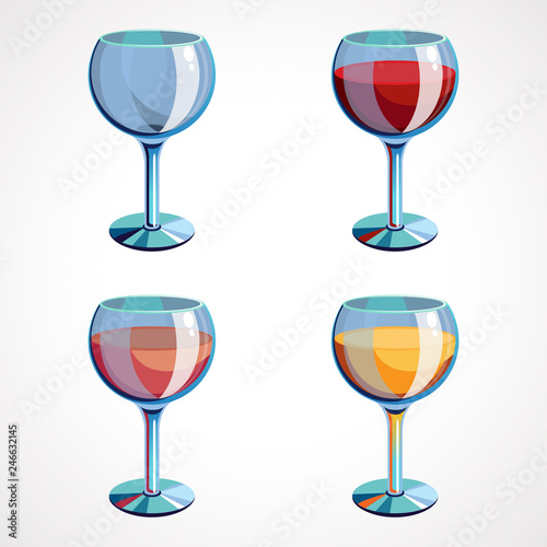 Set vector wine glasses empty, with white, pink and red wine