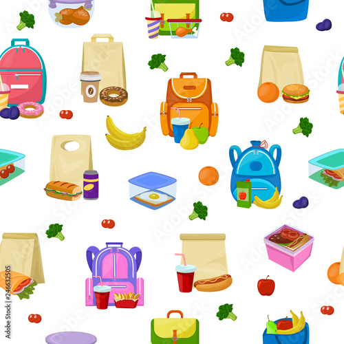 Lunch box vector school lunchbox with healthy food fruits or vegetables boxed in kids container illustration set of packed meal sausages or bread isolated on white background photo