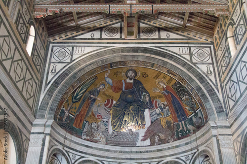 The medieval mosaic of Christ between the Virgin and St Minias in Basilica San Miniato al Monte  Florence  Tuscany  Italy.