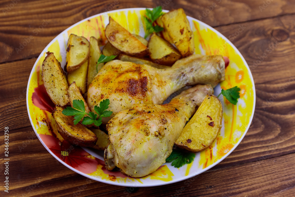 Baked chicken drumsticks with potatoes in a plate on wooden table Baked chicken drumsticks with potatoes in a plate on wooden table