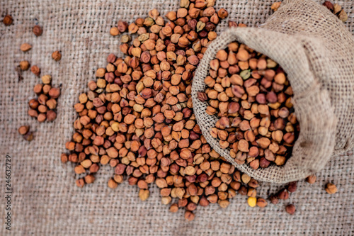 Close up shot of chickpea or chana or gram or Cicer arietinum in a gunny bag on a brown colored background.