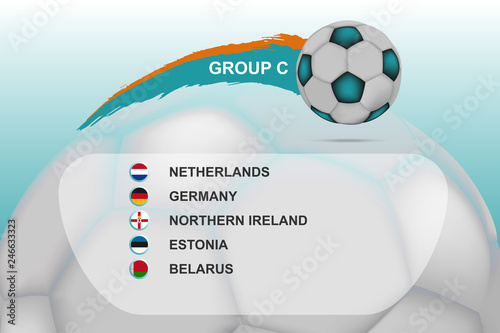 Soccer european cup. Team group C Netherlands, Germany, Northern Ireland, Estonia, Belarus. Football Europe country national flag and ball. Group stage standing. Vector table  tournament.