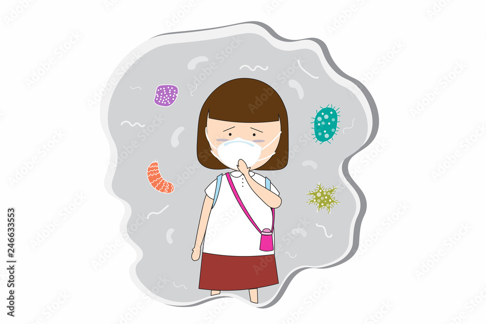 Schoolgirl wear masks N95 to prevent air pollution in the city PM 2.5 in dust meter. Such as dust, smoke and smell Concept flat style vector illustration environmental impact.-EPS 10 Schoolgirl wear masks N95 to prevent air pollution in the city PM 2.5 in dust meter. Such as dust, smoke and smell Concept flat style vector illustration environmental impact.-EPS 10