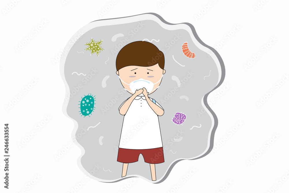 Schoolboy wear masks N95 to prevent air pollution in the city PM 2.5 in dust meter. Such as dust, smoke and smell Concept flat style vector illustration environmental impact.-EPS 10 Schoolboy wear masks N95 to prevent air pollution in the city PM 2.5 in dust meter. Such as dust, smoke and smell Concept flat style vector illustration environmental impact.-EPS 10