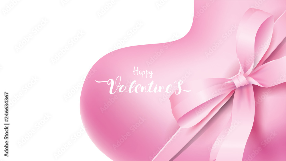 Cute and sweet elements in shape of heart tied by ribbon, box of gift flying on pink background. Vector symbols of love for Happy Women's, Mother's, Valentine's Day, birthday greeting design