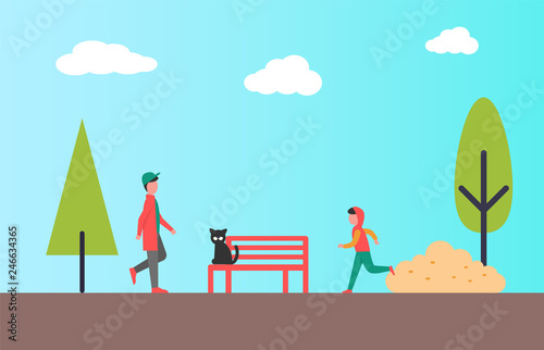 Urban park and people jogging and walking outdoors. Vector autumn season scenery, bench with cat, tree and spruce, beige bush on backdrop of blue sky
