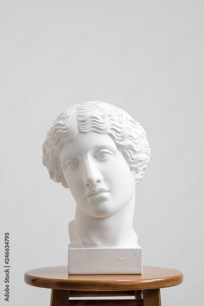 Obraz premium Plaster head, antique sculpture for learning to draw. Standing on a stool on a white background.