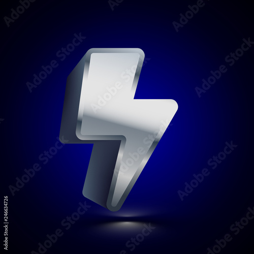 3D stylized Lightning icon. Silver vector icon. Isolated symbol illustration on dark background.