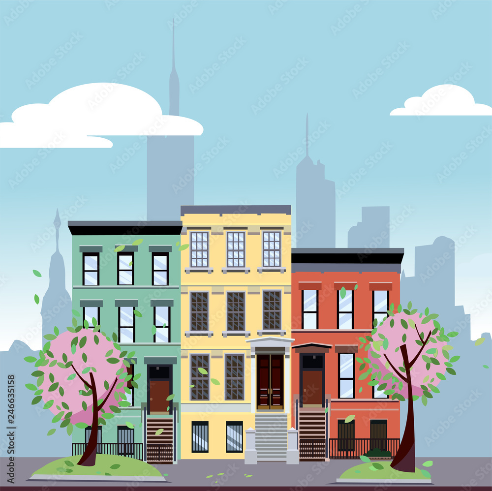 Multicolored multi-party cozy houses on background of skyscrapers of business center of city. Flat cartoon vector illustration of spring city landscape. Street cityscape with pink flowers and blossom.