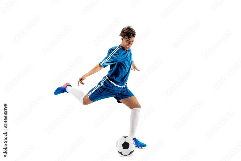 Young boy with soccer ball doing flying kick, isolated on white. football soccer players in motion on studio background. Fit jumping boy in action, jump, movement at game. Young boy with soccer ball doing flying kick, isolated on white. football soccer players in motion on studio background. Fit jumping boy in action, jump, movement at game.