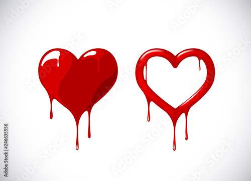 Red heart shape set melting with drops. Red blood, bloody heart symbol for logo, branding.