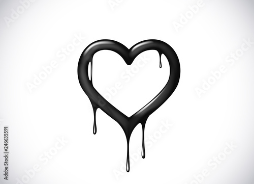 Black heart shape melting with drops. Black blood poison heart symbol for logo, branding.