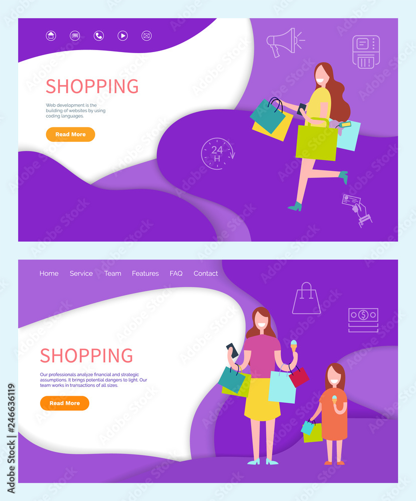 Shopping woman buying products on sale, using discounts vector. Mother and daughter returning home from shop store, eating ice cream and walking,