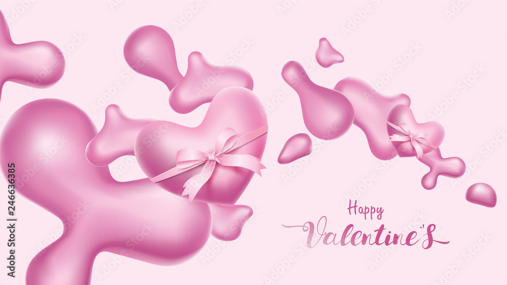 Valentines heart. Decorative pink hearts and loves flying and Floating on abstract transformation liquid background. symbols of love for Happy Mother's, Valentine's Day design banner