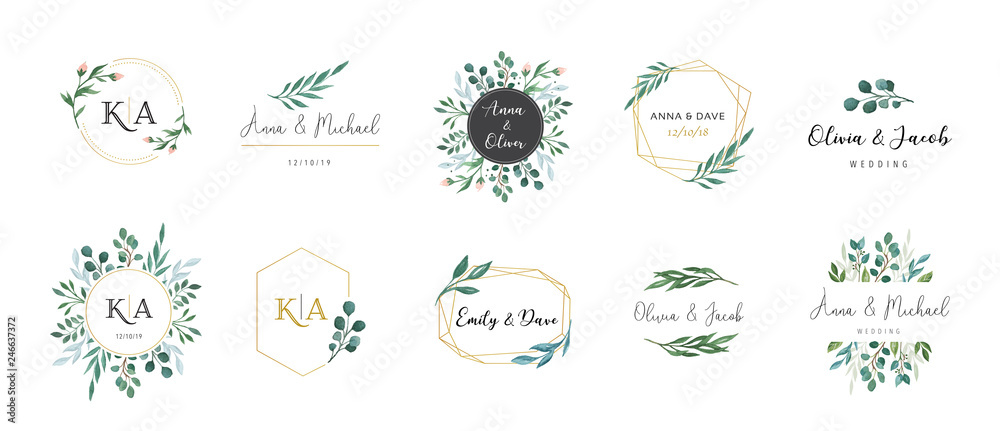 Fototapeta Wedding logos, hand drawn elegant, delicate monogram collection