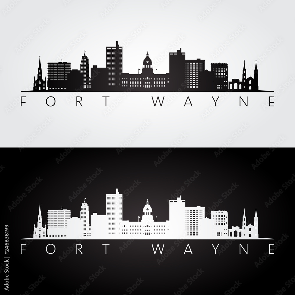Obraz Fort Wayne Usa sylwetka panoramę i zabytki, czarno-biały design, ilustracji wektorowych.