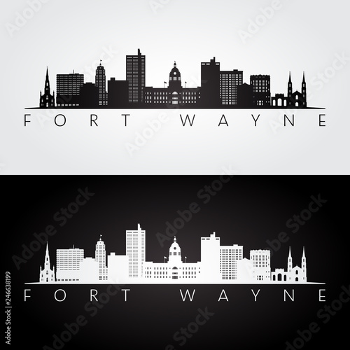 Fort Wayne USA skyline and landmarks silhouette, black and white design, vector illustration.