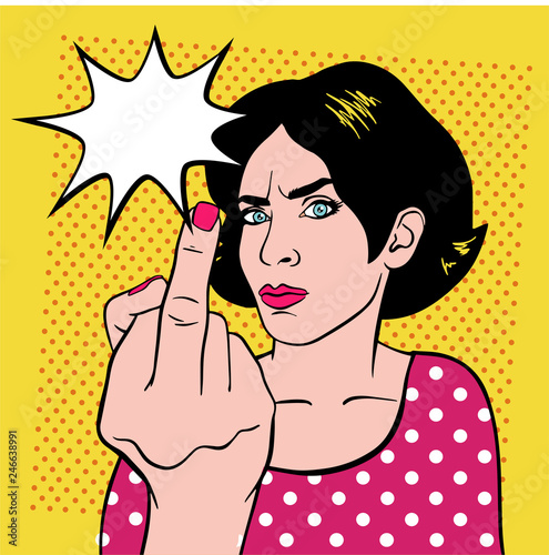 Pretty woman with black hair sending a flying kiss over halftone dot background. Vector art pop illustration