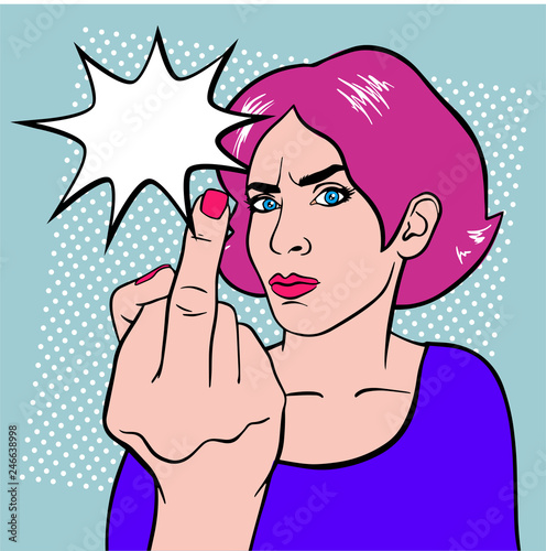 Pretty woman with pink hair sending a flying kiss over halftone dot background. Vector art pop illustration