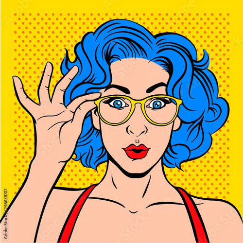 Portrait surprised girl in glasses. For party invitation, birthday card, sale banner… Vector colorful background in pop art retro comic style.