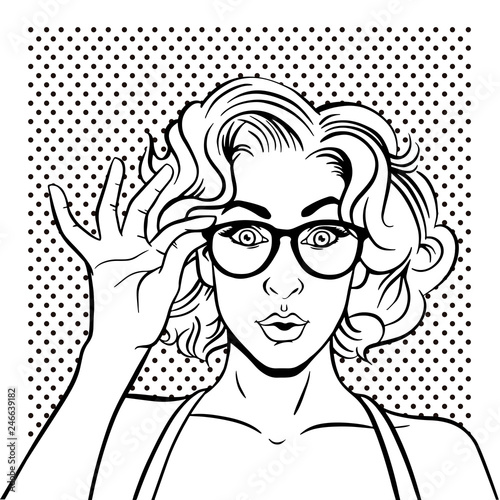 Portrait surprised girl in glasses. For party invitation, birthday card, sale banner… Vector in pop art retro comic style.