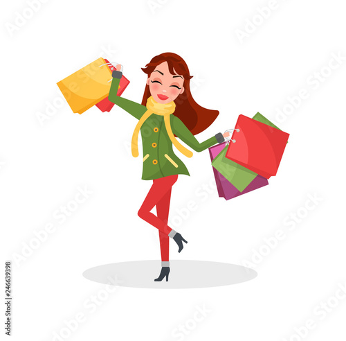 Smiling woman in warm coat and green trousers, bought presents on Christmas. Girl with color packages, hold bags in hands. Gifts from sale, discounts vector