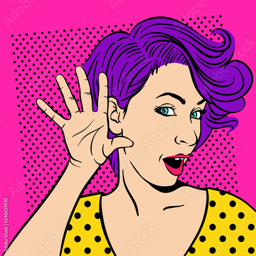 Woman with surprised face listening. Vector illustration in pop art retro comic style. 
