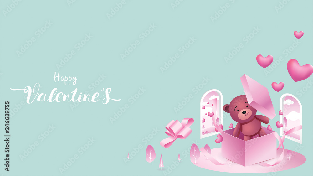 Cute and sweet elements in shape of heart, box of gift, teddy bear flying on pink background. Vector symbols of love for Happy Women's, Mother's, Valentine's Day, birthday greeting banner design Cute and sweet elements in shape of heart, box of gift, teddy bear flying on pink background. Vector symbols of love for Happy Women's, Mother's, Valentine's Day, birthday greeting banner design