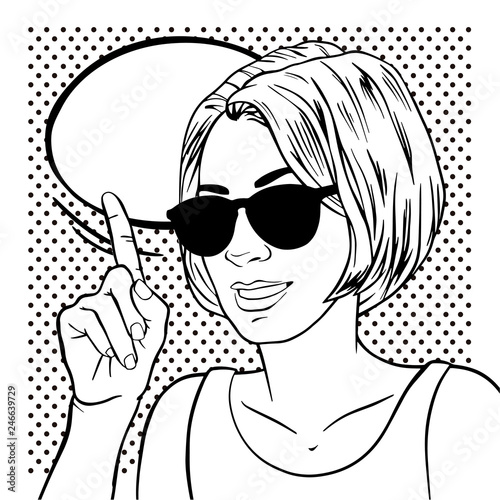 Beautiful girl with index finger. Retro pop art style. Cartoon vector black and white  illustration