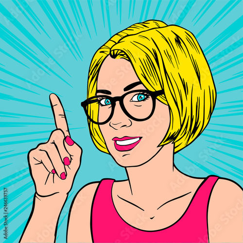 Beautiful girl with index finger. Retro pop art style. Cartoon vector illustration