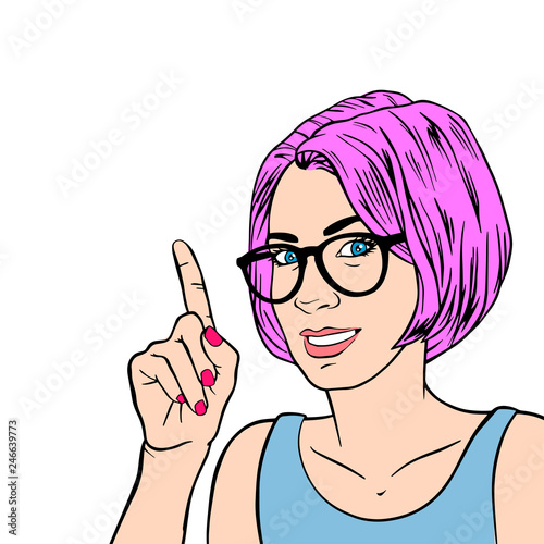 Beautiful girl business coach woman with index finger. Retro pop art style. Businesswoman gesture mentor teacher. Cartoon vector illustration
