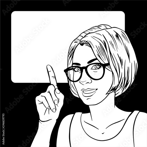 Beautiful girl business coach woman with index finger. Retro pop art style. Businesswoman gesture mentor teacher. Cartoon vector illustration black and white