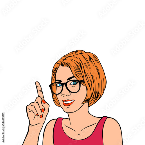 Beautiful girl business coach woman with index finger. Retro pop art style. Businesswoman gesture mentor teacher. Cartoon vector illustration
