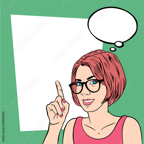 Beautiful girl business coach woman with index finger. Retro pop art style. Businesswoman gesture mentor teacher. Cartoon vector illustration