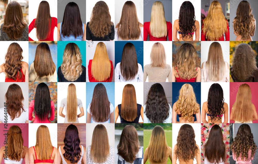 Collage of different types of female hair - obrazy, fototapety, plakaty 