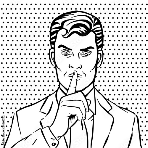 Man putting her forefinger to her lips for quiet silence. Making silence gesture shhh. Pop art comics style. Black and white vector illustration 