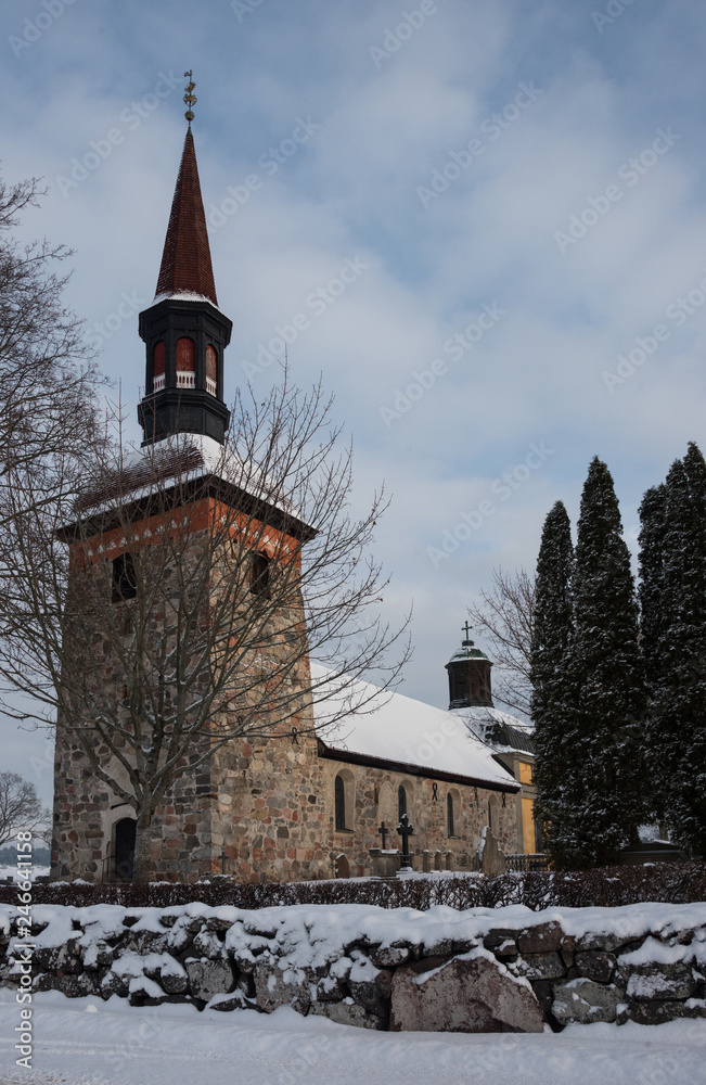 Winter  view over Lovo church on the Drottningholm island in Stockholm