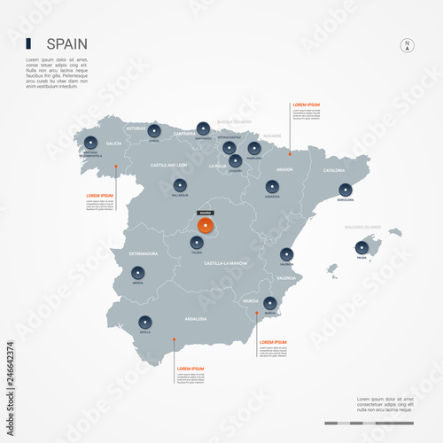 Spain map with borders, cities, capital and administrative divisions. Infographic vector map. Editable layers clearly labeled.