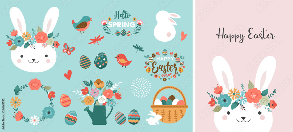 Fototapeta premium Happy Easter card - cute bunny, eggs, birds and flowers elements, vector illustration