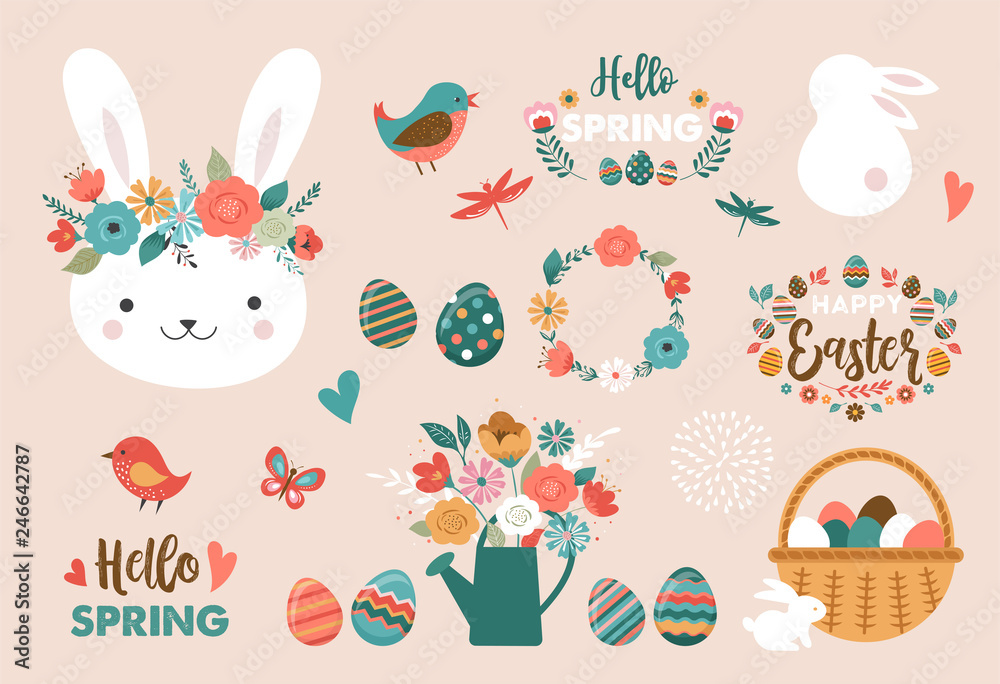 Happy Easter card - cute bunny, eggs, birds and flowers elements, vector illustration