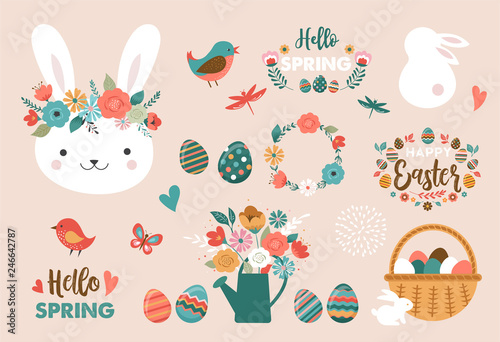 Happy Easter card - cute bunny  eggs  birds and flowers elements  vector illustration