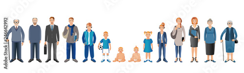 Generation of men and woman from infants to seniors. Baby, child, teenager, student, business men, business woman, adult, senior man and senior woman.
