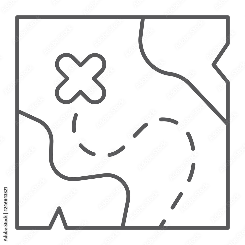 Map thin line icon, road and travel, location sign, vector graphics, a linear pattern on a white background. Map thin line icon, road and travel, location sign, vector graphics, a linear pattern on a white background.