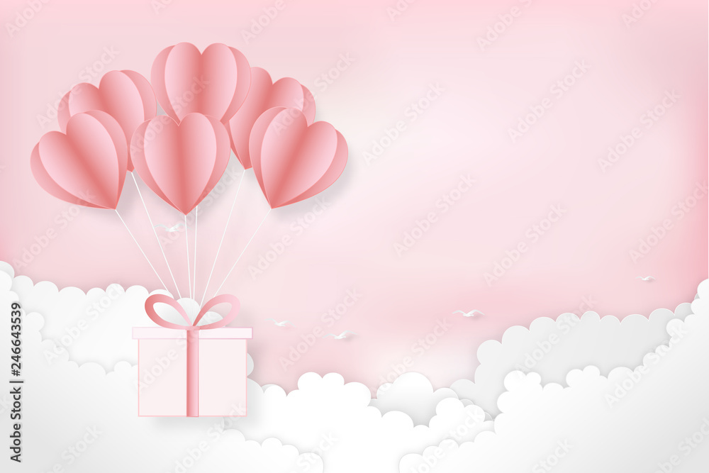 Paper art , cut and craft style of elements in shape and heart flying on pink background as Love, Happy Mother's, Valentine's Day, birthday greeting card design. vector illustration.