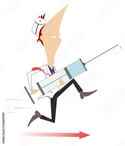 Smiling doctor with a big syringe runs to render the medical aid illustration.  Cartoon hurry doctor with a big syringe isolated on white